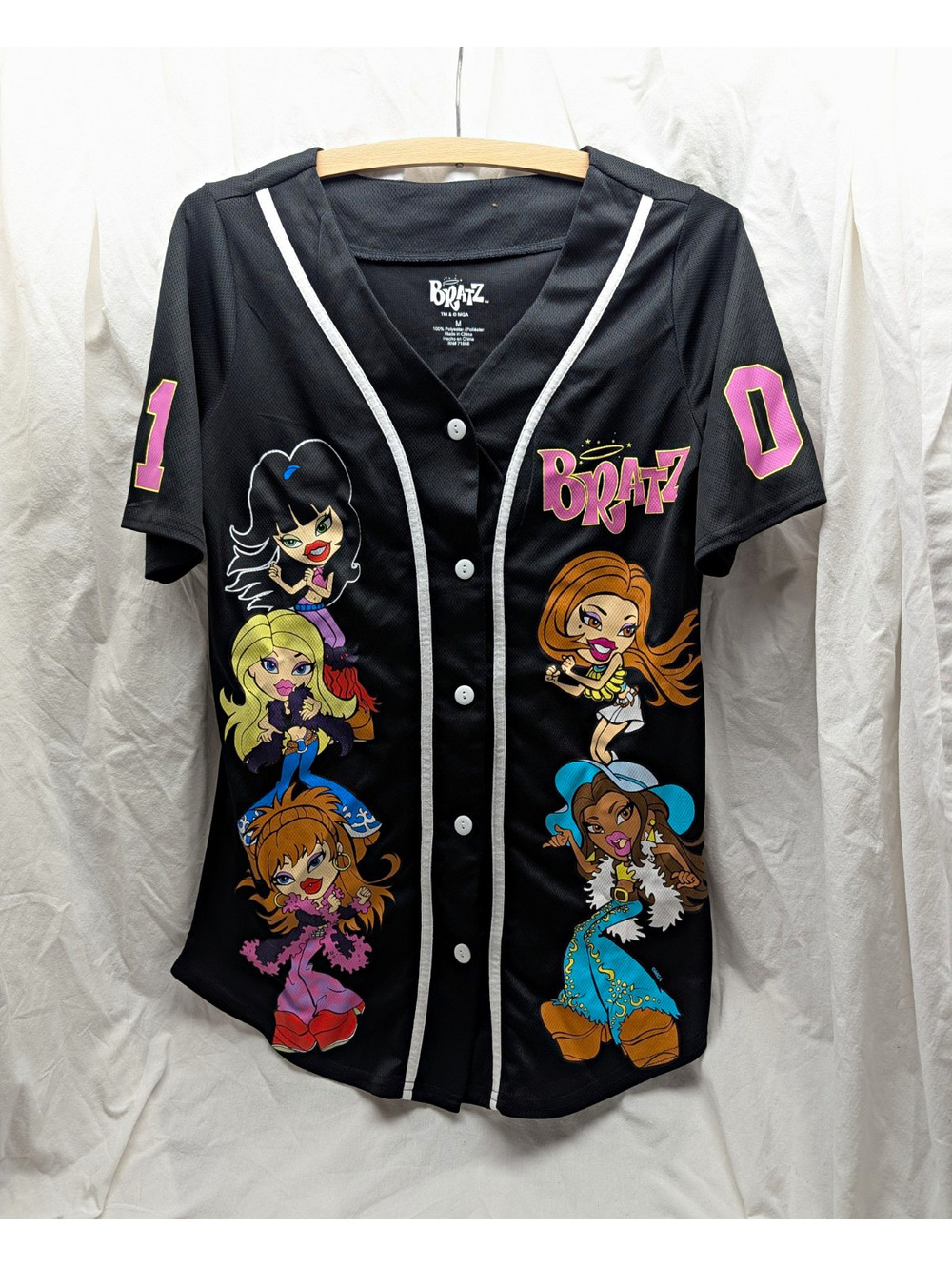 Bratz Men's Black Mesh Button-Front Graphic Logo Jersey T-Shirt Size M